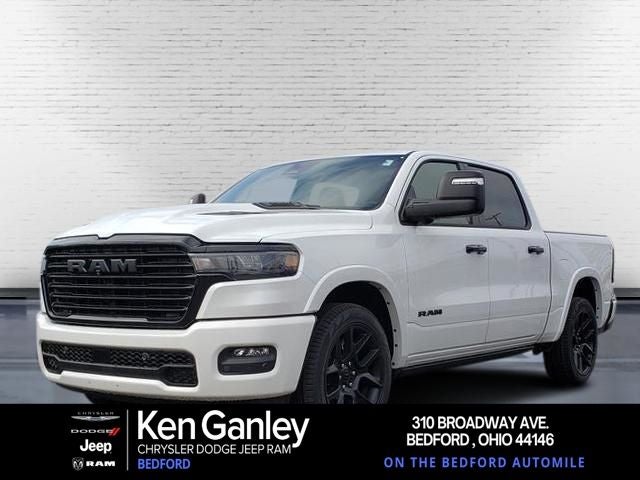 2026 RAM Ram 1500 RAM 1500 LARAMIE CREW CAB 4X4 5'7' BOX in Ivory White Tri-Coat Pearl-Coat Exterior Paint — front three-quarter view