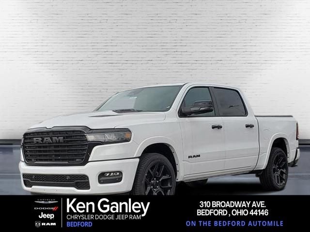 2026 RAM Ram 1500 RAM 1500 LARAMIE CREW CAB 4X4 5'7' BOX in Bright White Clear-Coat Exterior Paint — front three-quarter view